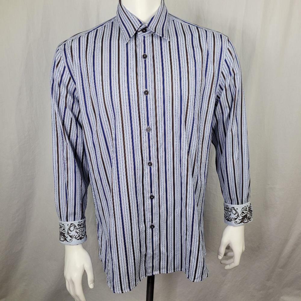 Zagiri Brown and Blue Striped Button Down Shirt with Jacquard Flip‎ Cuffs